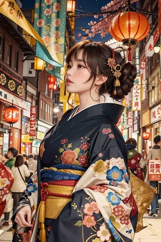 Create a highly detailed anime-style illustration of a young woman in a festive, bustling street filled with lanterns and banners. She has a delicate and serious expression, with her dark hair styled in an elaborate updo adorned with red and gold hair ornaments. She wears a traditional black and red kimono with intricate patterns of dragons and flowers, complemented by a large red obi. She is  wearing a mitt on her right hand . The mitt should be intricately designed with detailed patterns, blending elements of traditional Japanese art and modern abstract motifs. Use a color palette that includes dark, muted tones with subtle highlights to emphasize the texture and detail of the mitt. The background shows a vibrant street festival with blurred figures and warm, glowing lights creating a lively and enchanting atmosphere.,J ONI,ELIGHT