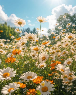 A breathtaking meadow bathed in the warm light of a clear, sunny day, filled with a vibrant sea of blooming daisies and marigolds. The flowers, in hues of white, yellow, and orange, stretch towards the sky, their delicate petals catching the sunlight. The background features a serene blue sky dotted with fluffy white clouds and a hint of lush green trees, adding depth to the scene. The overall atmosphere is one of peace and natural beauty, capturing the essence of a perfect spring or summer day in full bloom, best quality,8K,highres,masterpiece), ultra-detailed, (photo-realistic, lifelike) photograph showcasing the sheer beauty of jasmine flowers in full bloom. Each delicate petal is captured in exquisite detail, creating a high-resolution masterpiece that celebrates the elegance of this fragrant flower.