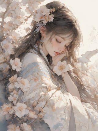 A serene scene featuring a beautiful young woman dressed in traditional Chinese attire, surrounded by blooming flowers and perched doves. Her eyes are gently closed, resting her head on her hand, with an expression of peaceful contentment. Her long hair is adorned with delicate flowers and intricate ornaments, adding to the ethereal beauty of the moment. The soft colors and gentle lighting create a dreamlike atmosphere, capturing the essence of tranquility and natural elegance, 8k, masterpiece, ultra-realistic, best quality, high resolution, high definition, Chinese style, asian woman, wave, top quality, mystery, oil painting, crazy details, complex composition, strong colors, science fiction, transparency, dynamic lighting Ink style, grayscale, pastels, mysterious atmosphere, delicate brushstrokes, frontal composition, wind and clouds, Dynamic shots of flowing ink: Photorealistic masterpieces in 8k resolution: Aaron Hawkey and Jeremy Mann: Intricate fluid gouaches: Jean Bart tiste monger: Calligraphy: Cene: Colorful watercolor art, professional photography, volumetric light maximization photography: by marton bobzert: complexity, refinement, elegance, vastness, fantasy, dark composites, octane rendering, DonMASKTexXL, painted world in 8k resolution concept art, Fantasy Art, Oil Painting, Kabuki, Impressionist PaintingJapanese style, white cat, wave, top quality, mystery, oil painting, crazy details, complex composition, strong colors, science fiction, transparency, dynamic lighting Ink style, grayscale, pastels, mysterious atmosphere, delicate brushstrokes, frontal composition, wind and clouds, Dynamic shots of flowing ink: Photorealistic masterpieces in 8k resolution: Aaron Hawkey and Jeremy Mann: Intricate fluid gouaches: Jean Bart tiste monger: Calligraphy: Cene: Colorful watercolor art, professional photography, volumetric light maximization photography: by marton bobzert: complexity, refinement, elegance, vastness, fantasy, dark composites, octane rendering, DonMASKTexXL, painted world in 8k resolution concept art, Fantasy Art, Oil Painting, Kabuki, Impressionist Painting
Chinese style, asian woman, wave, top quality, mystery, oil painting, crazy details, complex composition, strong colors, science fiction, transparency, dynamic lighting
Ink style, grayscale, pastels, mysterious atmosphere, delicate brushstrokes, frontal composition, wind and clouds,
Dynamic shots of flowing ink: Photorealistic masterpieces in 8k resolution: Aaron Hawkey and Jeremy Mann: Intricate fluid gouaches: Jean Bart tiste monger: Calligraphy: Cene: Colorful watercolor art, professional photography, volumetric light maximization photography: by marton bobzert: complexity, refinement, elegance, vastness, fantasy, dark composites, octane rendering, DonMASKTexXL, painted world in 8k resolution concept art, Fantasy Art, Oil Painting, Kabuki, Impressionist Painting