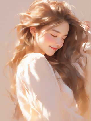 A young Asian woman with long, flowing hair stands against a soft, warm background, her eyes closed and a gentle, contented smile on her face. The sunlight bathes her in a golden glow, highlighting the delicate features of her face and the softness of her hair. She wears a light, airy blouse that complements the serene and blissful atmosphere. The overall scene exudes a sense of peace, joy, and tranquility, capturing a perfect moment of quiet happiness,  8k, masterpiece, ultra-realistic, best quality, high resolution, high definition.