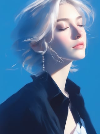 A striking portrait of beautiful woman with ethereal, platinum hair, elegantly styled to frame her face. Her eyes are closed, and her lips are slightly parted, exuding a serene and contemplative expression. She is dressed in a sleek, dark blouse that contrasts beautifully with the vivid blue background, creating a sense of depth and focus on her delicate features. The overall ambiance is one of quiet elegance and otherworldly beauty, enhanced by the soft, natural light that bathes her face and accentuates the flawless texture of her skin. The image captures a moment of calm and introspection, as if she is lost in a peaceful dream,  8k, masterpiece, ultra-realistic, best quality, high resolution, high definition.,Oil painting of Mona Lisa ,impressionist painting,niji style,ghibli style