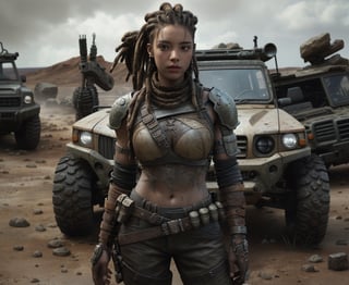 A highly detailed image of a strong, determined woman in a post-apocalyptic setting. She is wearing rugged, tactical leather gear with armor plates, and has long, Dreadlocks hairstyle. The background features a dusty, desolate landscape with an off-road vehicle and scattered debris. The sky is overcast, adding to the grim atmosphere. The woman stands confidently in the foreground, exuding resilience and readiness for survival in a harsh environment.,3va,Niji