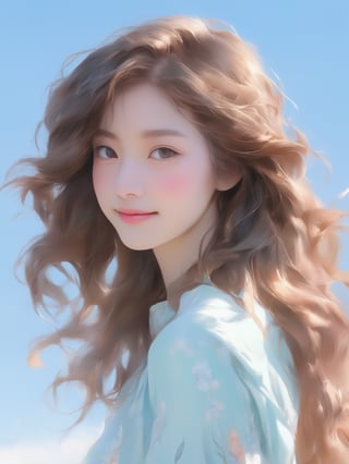 A young Asian woman with wavy, light brown hair stands against a clear blue sky, her soft smile and gentle eyes creating a serene and inviting expression. She wears a light-colored, pastel dress with subtle floral patterns, which adds to her delicate and ethereal appearance. The sunlight highlights her natural beauty, giving her an almost otherworldly glow. The overall scene captures a moment of pure tranquility and innocence, evoking a sense of peacefulness and calm,  8k, masterpiece, ultra-realistic, best quality, high resolution, high definition.