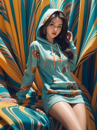 A stunning portrait of a young woman dressed in a vibrant, multicolored hoodie with swirling patterns of blue, orange, and teal. Her long, flowing hair cascades down her shoulders, complementing the intricate design of her outfit. The background mirrors the psychedelic patterns of her attire, creating a seamless, mesmerizing effect. The woman's expression is calm and confident, her gaze directed towards the viewer. The overall scene exudes a sense of bold, artistic flair and modern fashion.