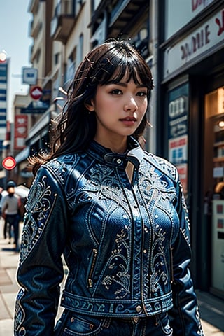 (masterpiece), (extremely intricate:1.3), (realistic), entered, award winning upper body digital art, (hyperelistic shadows), masterpiece, | korean, tight blue jean, open leather jacket, | city, sea, bokeh, blurred background, depth of field 