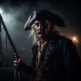 photo of old pirate, fog, dark atmosphere, night, close up, cinematic shot, hard shadows, Fujifilm XT3