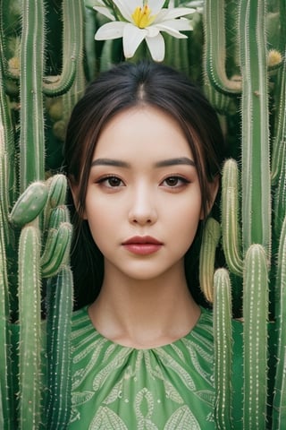 The portrait shows a woman wearing a green dress adorned with cactus-shaped patterns. She is surrounded by a collection of various cacti, some of which have bloomed with flowers. One cactus in particular has grown in the shape of her face, creating a humorous visual pun. The woman is in the center of the portrait, with her cactus collection surrounding her. The face-shaped cactus is placed next to her head, creating a visual connection between the two. The variety of cacti shapes and sizes creates a visually interesting scene, while the color palette of greens and earth tones ties everything together.