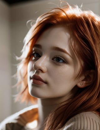 RAW uhd closeup portrait photo, casual clothes, intricate details, shallow depth of field, ginger hair, she is teasing the viewer, cinematic lighting, happy, (beautiful detailed glow)
