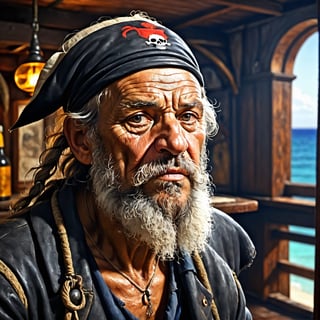 Closeup oil picture drawing of a sad old pirate alone in a bar in Tortuga bay