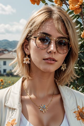 1girl, short hair, blue eyes, earrings, simple background, flower, upper body, hair flower, orange-tinted eyewear, sunglasses, necklace, jacket, closed mouth, floral print, bangs, blonde hair, white hair, makeup, round eyewear, piercing, details, realist skin, skin detailed, underboobs, tatoos,art 