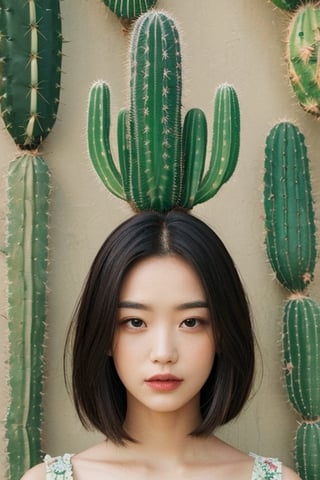 The portrait shows a woman wearing a green dress adorned with cactus-shaped patterns. She is surrounded by a collection of various cacti, some of which have bloomed with flowers. One cactus in particular has grown in the shape of her face, creating a humorous visual pun. The woman is in the center of the portrait, with her cactus collection surrounding her. The face-shaped cactus is placed next to her head, creating a visual connection between the two. The variety of cacti shapes and sizes creates a visually interesting scene, while the color palette of greens and earth tones ties everything together.