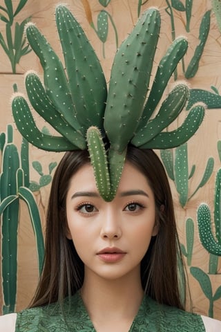 The portrait shows a woman wearing a green dress adorned with cactus-shaped patterns. She is surrounded by a collection of various cacti, some of which have bloomed with flowers. One cactus in particular has grown in the shape of her face, creating a humorous visual pun. The woman is in the center of the portrait, with her cactus collection surrounding her. The face-shaped cactus is placed next to her head, creating a visual connection between the two. The variety of cacti shapes and sizes creates a visually interesting scene, while the color palette of greens and earth tones ties everything together.