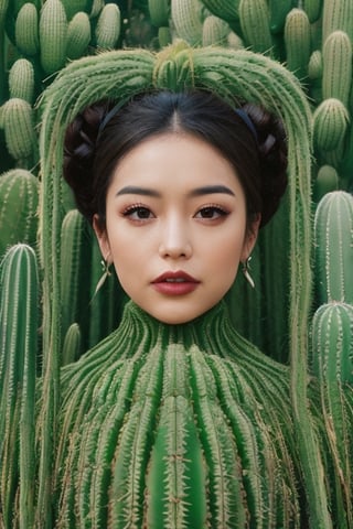 The portrait shows a woman wearing a green dress adorned with cactus-shaped patterns. She is surrounded by a collection of various cacti, some of which have bloomed with flowers. One cactus in particular has grown in the shape of her face, creating a humorous visual pun. The woman is in the center of the portrait, with her cactus collection surrounding her. The face-shaped cactus is placed next to her head, creating a visual connection between the two. The variety of cacti shapes and sizes creates a visually interesting scene, while the color palette of greens and earth tones ties everything together.