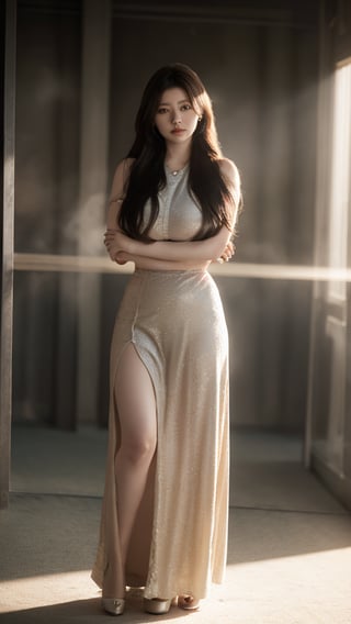 A 45yr beautiful women named Zhao lusi standing pose full body potrait highly detailed realistic face with lighting and shadow control on face and hair photorealistic,Lens Flares,perfect split lighting,shaded face,Young beauty spirit , ,cinematic lightings,1 girl,Extremely Realistic