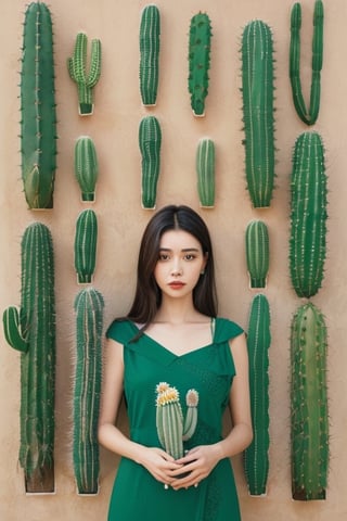 The portrait shows a woman wearing a green dress adorned with cactus-shaped patterns. She is surrounded by a collection of various cacti, some of which have bloomed with flowers. One cactus in particular has grown in the shape of her face, creating a humorous visual pun. The woman is in the center of the portrait, with her cactus collection surrounding her. The face-shaped cactus is placed next to her head, creating a visual connection between the two. The variety of cacti shapes and sizes creates a visually interesting scene, while the color palette of greens and earth tones ties everything together.