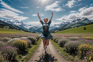 oil-painting, woman in traditional Tyrolean costume with her arms raised while running happily through a meadow, big smile, centered image, ultra detailed illustration, (tetradic colors), whimsical, ultra detailed face, focus on face,