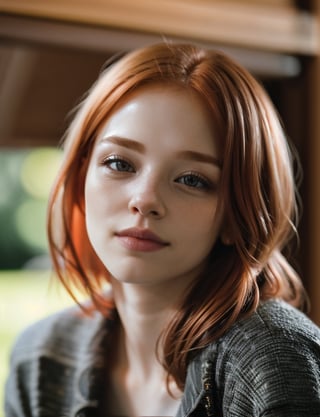 RAW uhd closeup portrait photo, casual clothes, intricate details, shallow depth of field, ginger hair, she is teasing the viewer, cinematic lighting, happy, (beautiful detailed glow)
