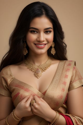 1girl, solo, long hair, looking at viewer, smile, black hair, Indian white saree, red blouse dress, jewelry, earrings, necklace, grin, see-through, ring, own hands together, realistic