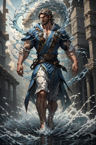 a muscular man, mage, gown, flowing large cloak, casting spell, swirling water, control water flow, short hair, beard, full body shot, ruins background, 4k definition, HD resolution, highly detailed, realistic, dynamic action, handsome face beard.,hydr0mancer,fr4ctal4rmor,water,mature