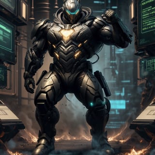a muscular man, patternbodysuit, bodysuit, gold, & black surcoat over his cybersuit, holding heavy machine gun, short hair, beard, tough, piercing eyes, (full body shot), standing at the science fiction base, dynamic pose, action_pose, 4k definition, HD resolution, highly detailed, realistic, dynamic action, handsome face beard.,VPL,Hyper detailed muscle,hackedtech