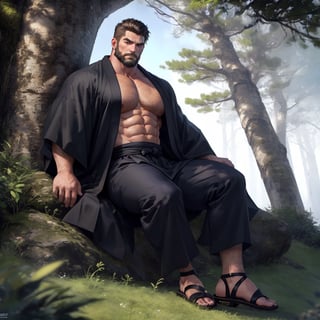 a strong man, black kimono, long coat, sandals, short hair, beard, tough, stocky, fierce eyes, strong chin, and sharp facial contours, (full body shot), Sitting on the grass, under the pine trees, 4k definition, HD resolution, highly detailed, realistic, dynamic action, handsome face beard.,Hyper detailed muscle