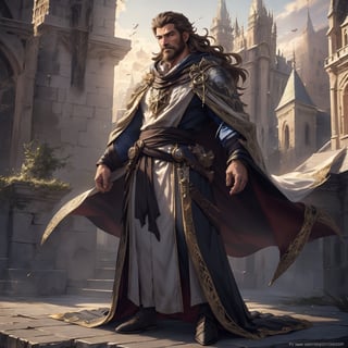 a muscular man, king, gown, drift large cloak, brown long hair, beard, floating in the air, elder, wisecondescending, (full body shot), standing, towering spire castle background, brilliant, glorious, 4k definition, HD resolution, highly detailed, realistic, dynamic action, handsome face beard.,fr4ctal4rmor