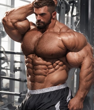 a muscular man, short hair, beard, bulging power, hard  exercise, full body shot, 4k definition, HD resolution, highly detailed, realistic, dynamic action, handsome face beard.,Perfect abs,nijimale