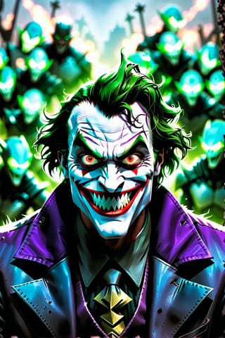 In the desolate landscape of a ravaged world, the Joker finds himself surrounded by a horde of hostile aliens, their sharp claws and glowing eyes reflecting the madness around him. Despite the chaos that ensues, the Joker's smile remains, defiant and sinister. Write a narrative that explores the encounter between the iconic villain and the extraterrestrial invaders, where chaos merges with madness and the fate of the world hangs in the balance