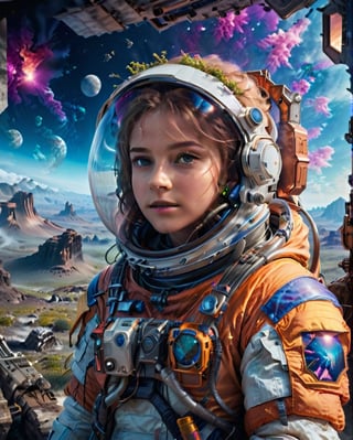 An interplanetary space scene filled with an unknown world with a beautiful young futuristic astronaut: "It generates a vibrant visual representation of a young space astronaut in an unknown world.
Super realistic photographic cinematic image 8K ULTRA HD HDR, magical photography, super detailed, (ultra detailed), (top quality, best quality, super high quality image, masterpiece), standard lens, dramatic lighting, 8k, UHD, intricate detail, (gradients), comprehensive cinematic, colorful, visual key, highly detailed, extreme detailed, hyper-realistic, (very detailed background, detailed landscape), delicate details, raw image, dslr, action poses,different random scenes