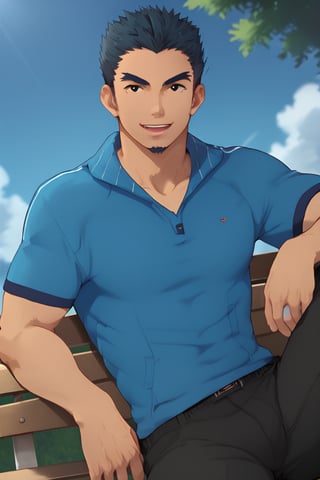score_9, score_8_up, score_7_up, masterpiece, best quality, lots of details, close up, ((Male)), Genji Tendo, alone, muscular, black eyes, open mouth, slight smile, male focus, sitting, on bench, looking at viewer, black pants, no shirt, felexing arms, shading, detailed shading, detailed skin, shaded skin, realistic shading, Expressiveh, countershading: 1.1, outdoors, noticeable bulge in pants, night