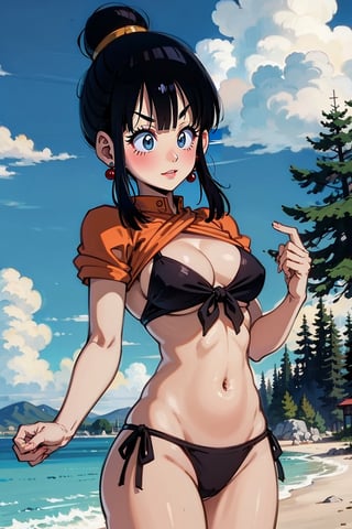 (medium shot), female_solo, black hair, tree, outdoors, black eyes, hair bun, earrings, sky, cloud, single hair bun, day, jewelry, Dragonballz artstyle, bangs, bikini, chi-chi from Dragon ball z, 