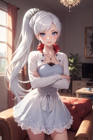Medium shot), alone, 1 girl, colorful image, Swissvale, inside, living room, arms crossed, small smile, looking at viewer, ponytail, scar on eye, white dress, white jacket, jewelry, necklace, earrings, Weiss Mistral,weiss_schnee