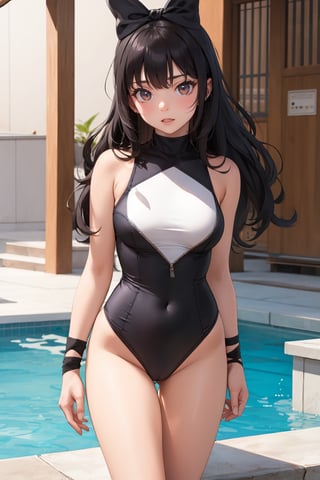 medium shot), solo, 1girl, blake belladonna, expressionless, closed mouth, looking at viewer, black hair bow, ,swimsuit