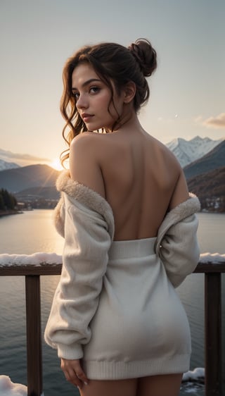 A masterpiece of cinematic lighting and composition: a RAW photo featuring a beautiful girl with very long curly brown hair tied in a bun. She only wears a huge white loose-fitting off-the-shoulder fur jacket. The 16K HDR image showcases vibrant colors, high contrast, and exquisite details and textures.

In the full-body back view, the beautiful girl's beautiful naked round ass barely covered by the fur jacket and divine presence is illuminated by cinematic sidelighting, creating a warm tone with bright and intense highlights, as she leans over the railing and looks into the distance. Iridescent and luminescent scales on her body reflect vivid colors, as if broken glass has shattered around her, adding to the stunning and breathtaking beauty of this ultra-realistic illustration. She is next to a beautiful lake, enjoying the sunset over the snow-capped mountains in the background,Masterpiece