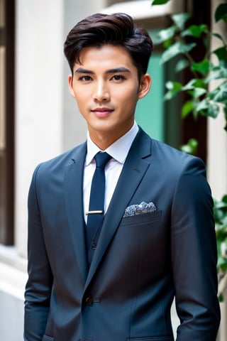 A young Hong Kong man stands tall, exuding a genuine confidence. His dark brown eyes sparkle with a youthful charm, drawing you in. His Ivy League haircut is styled neatly and effortlessly, framing his sharp features. No accessories distract from his natural beauty, allowing you to appreciate the intricate details of his skin.