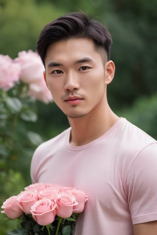 evelyn roses, garden,tall as he waist,
Young chinese man stands tall and smelling the evelyn rose, his muscular in soft pink t-shirt. He is holding a bouquet of flowers wrapped in paper. His striking eyes, lock intensely camera, while full and pink lips,Stubble,blonde hair, dynamic pose ,Bokeh by F1.4 Lens,soft bokeh bulr, man and woman 