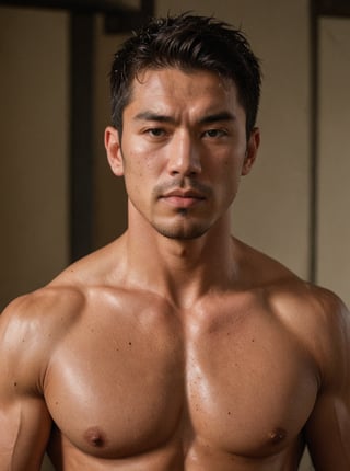 A powerful, rugged Japanese man fills the frame of an Americano shot portrait, radiating health and intensity. His piercing dome eyes gleam with a sense of accomplishment as he strikes a provocative pose, showcasing his impressively chiseled muscles and oiled skin. The flat colors and sharp focus emphasize every contour, highlighting the texture of his skin as it glistens with sweat. His buff physique appears to glow in low-key lighting, creating a sense of intimacy and allure.