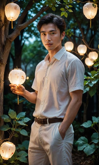 solo, looking at viewer, shirt, black hair, 1boy, holding, white shirt, male focus, outdoors, collared shirt, pants, tree, facial hair, leaf, plant, lantern, realistic, lamp, Hand taking China lantern, strict facial features, score_8_up, score_7_up, score_6_up, score_5_up, High-quality detailing, 4K resolution captures,  night deep darkness surrounding him 