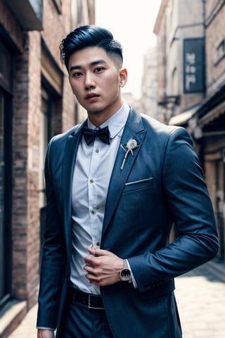 Asian man,handsome,stubble,upperbody photo, body, muscle in suit,realistic,cinematic lighting, trending undercut hairstyle 