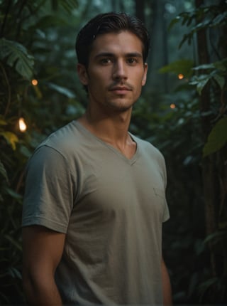 Masterpiece, realistic, lifelike, 1man, side part hairstyle, standing tall at the lush foliage of a dense jungle at night. In medium shot, his face is illuminated by a soft, glistening , alluring light highlighted his face,
The darkness surrounding him , wearing shirt, scenery, bark night , really many Fireflies fly around, sending out a twinkling light backdrop,