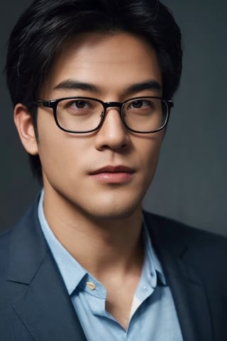 Asian man,handsome ,glasses ,stubble,upper body, muscle ,realistic,  blue shirt, black suit,  focus subject, face grisp rendering 
