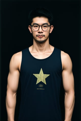 Taiwanese man,glasses , handsome , stubble, male focus, cinematic glow, Pentax film photography,Muscle, army  pattern tank top,perfect  proportions, malformed limbs, extremely realistic person, strictly skin texture, strictly face detail,blurred with Star shaped backdrop 