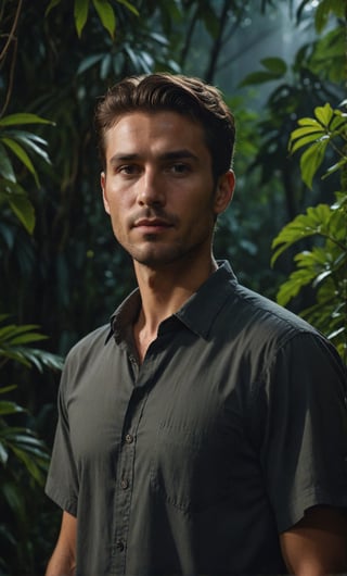 Masterpiece, realistic, lifelike, 1man, side part hairstyle, standing tall at the lush foliage of a dense jungle at night. In medium shot, his face is illuminated by a soft, glistening , alluring light highlighted his face, The darkness surrounding him , wearing shirt, scenery, bark night , really many Fireflies fly around,  twinkling light backdrop, middle contrast, alluring lighting highlighted his facial 