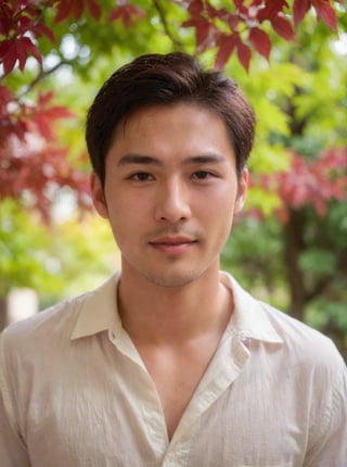 A captivating scene unfolds as a handsome young man with Chinese features, 29 years old, strikes a pose beneath a Japanese red maple tree's sprawling canopy. The warm sunlight casts a flattering glow through the trees' gaps, accentuating his healthy lips and strong facial structure. In the foreground, a blurred Wisteria adds softness to the composition. The model's unbuttoned shirt showcases his toned physique as he confidently poses, oiled skin glistening in the light. His cheeky smile and pointy teeth seem to invite the viewer into his world. The sharp focus captures every detail of his upper body, from defined muscles to prominent facial features.