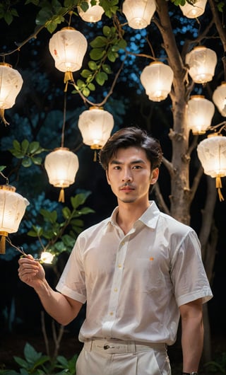 (Best quality, 8k, 32k, Masterpiece, UHD),lifelike rendering,solo, looking at viewer, shirt, black hair, 1boy, holding, white shirt, male focus, outdoors, collared shirt, pants, tree, facial hair, leaf, plant, lantern, realistic, lamp, Hand taking Japanese lantern, strict face features, High-quality detailing, 4K resolution captures,  night deep darkness surrounding him 