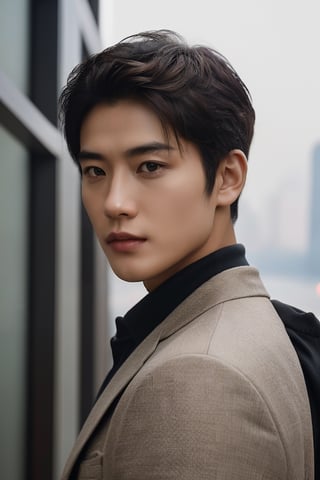 A young Hong Kong man stands tall, exuding a genuine confidence. His dark brown eyes sparkle with a youthful charm, drawing you in. His Ivy League haircut is styled neatly and effortlessly, framing his sharp features. No accessories distract from his natural beauty, allowing you to appreciate the intricate details of his skin.