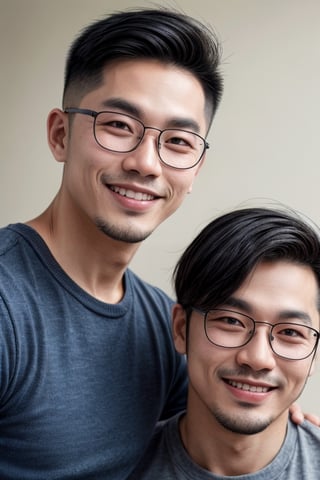 Asian man,handsome ,glasses ,stubble,upper body, muscle ,realistic , smile,undercut hairstyle, light_brown_eyes, 2guys,side by side, friendship,different hair style, different pose, and without glasses 
