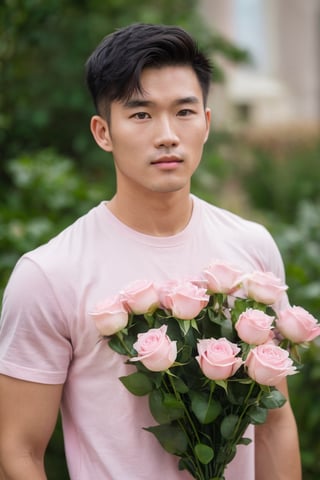 evelyn roses, garden,tall as he waist,
Young chinese man stands tall and smelling the evelyn rose, his muscular in soft pink t-shirt. He is holding a bouquet of flowers wrapped in paper. His striking eyes, lock intensely camera, while full and pink lips,Stubble,blonde hair, dynamic pose ,Bokeh by F1.4 Lens,soft bokeh bulr, man and woman 