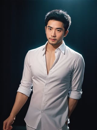 Thai actor man , handsome , stubble, male focus, cinematic glow, Pentax film photography,Muscle, unbuttoned white shirt,perfect  proportions, malformed limbs, extremely realistic person, strictly skin texture, strictly face detail,blurred with Star shaped backdrop 