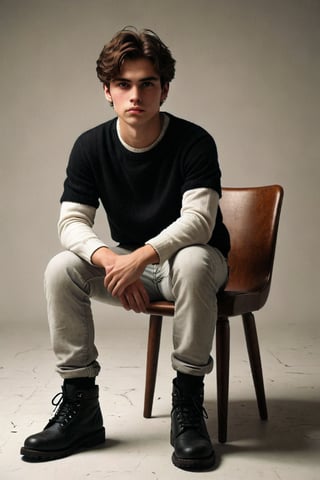 solo, looking at viewer, simple background, brown hair, shirt, black hair, long sleeves, 1boy, sitting, full body, white shirt, male focus, boots, pants, black footwear, sweater, chair, black pants, realistic, white sweater